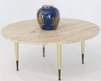 Italian Modern Round Travertine Top Coffee Table on Tapered Metal Legs Base