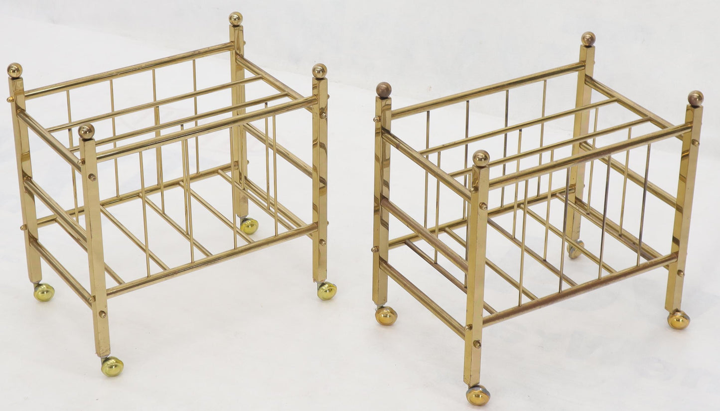 Pair of Mid-Century Modern Polished Brass Magazine Racks on Metal Casters