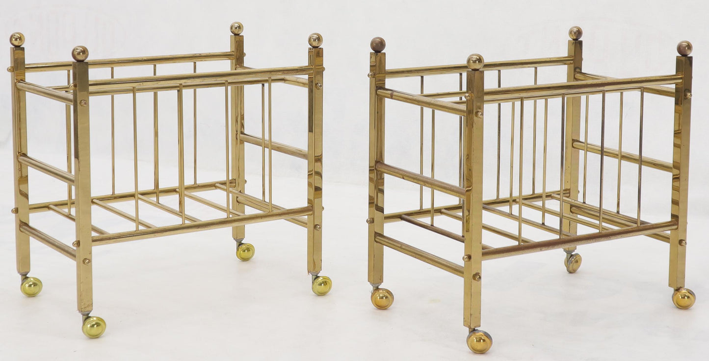 Pair of Mid-Century Modern Polished Brass Magazine Racks on Metal Casters