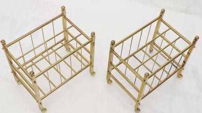 Pair of Mid-Century Modern Polished Brass Magazine Racks on Metal Casters