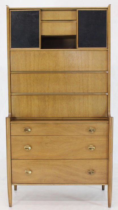 Tall Highboy Light Walnut Multi-Drawer Cabinet Sliding Leather Doors Brass Pulls