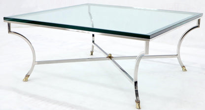 Square Chrome and Brass Hoof Feet Base Coffee Table Thick Glass Top