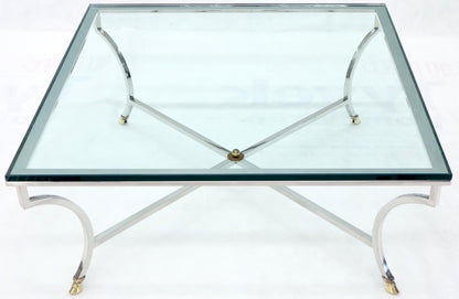 Square Chrome and Brass Hoof Feet Base Coffee Table Thick Glass Top