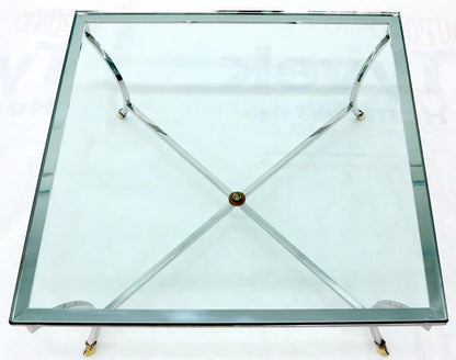 Square Chrome and Brass Hoof Feet Base Coffee Table Thick Glass Top