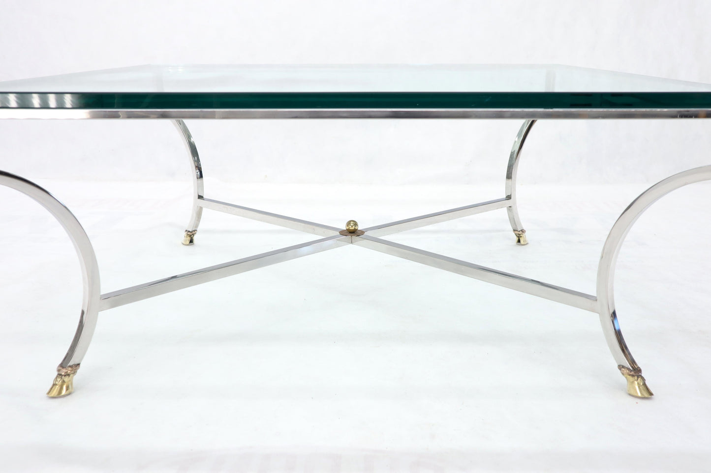 Square Chrome and Brass Hoof Feet Base Coffee Table Thick Glass Top