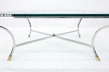 Square Chrome and Brass Hoof Feet Base Coffee Table Thick Glass Top