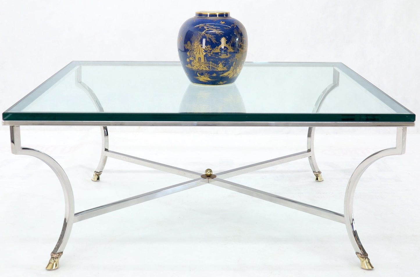 Square Chrome and Brass Hoof Feet Base Coffee Table Thick Glass Top