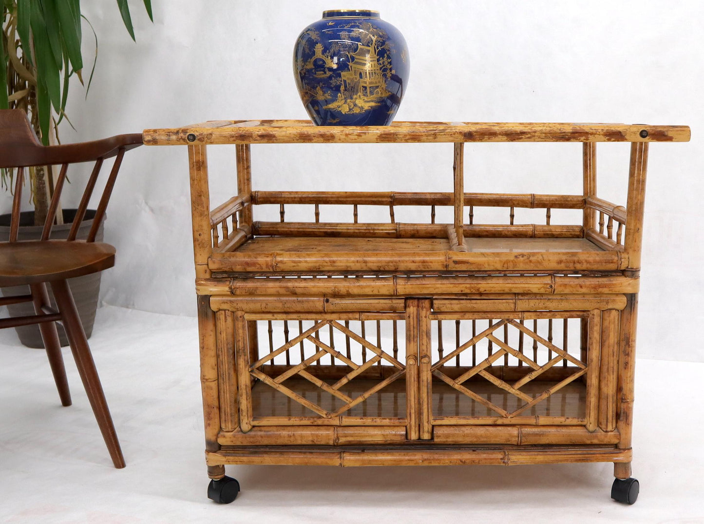 Decorative Burnt Bamboo & Glass Bar Cart