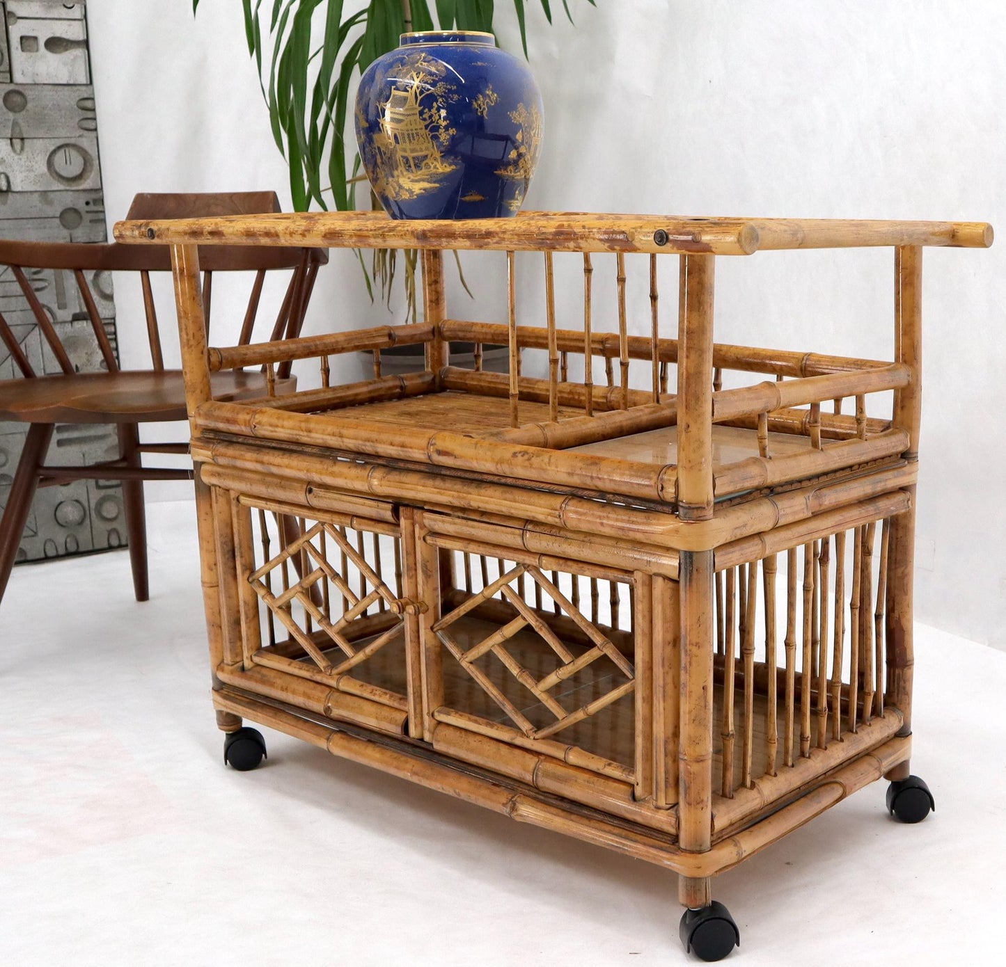 Decorative Burnt Bamboo & Glass Bar Cart