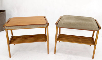 Pair of Danish Teak Mid-Century Modern Flip Top Tables Suede Benches