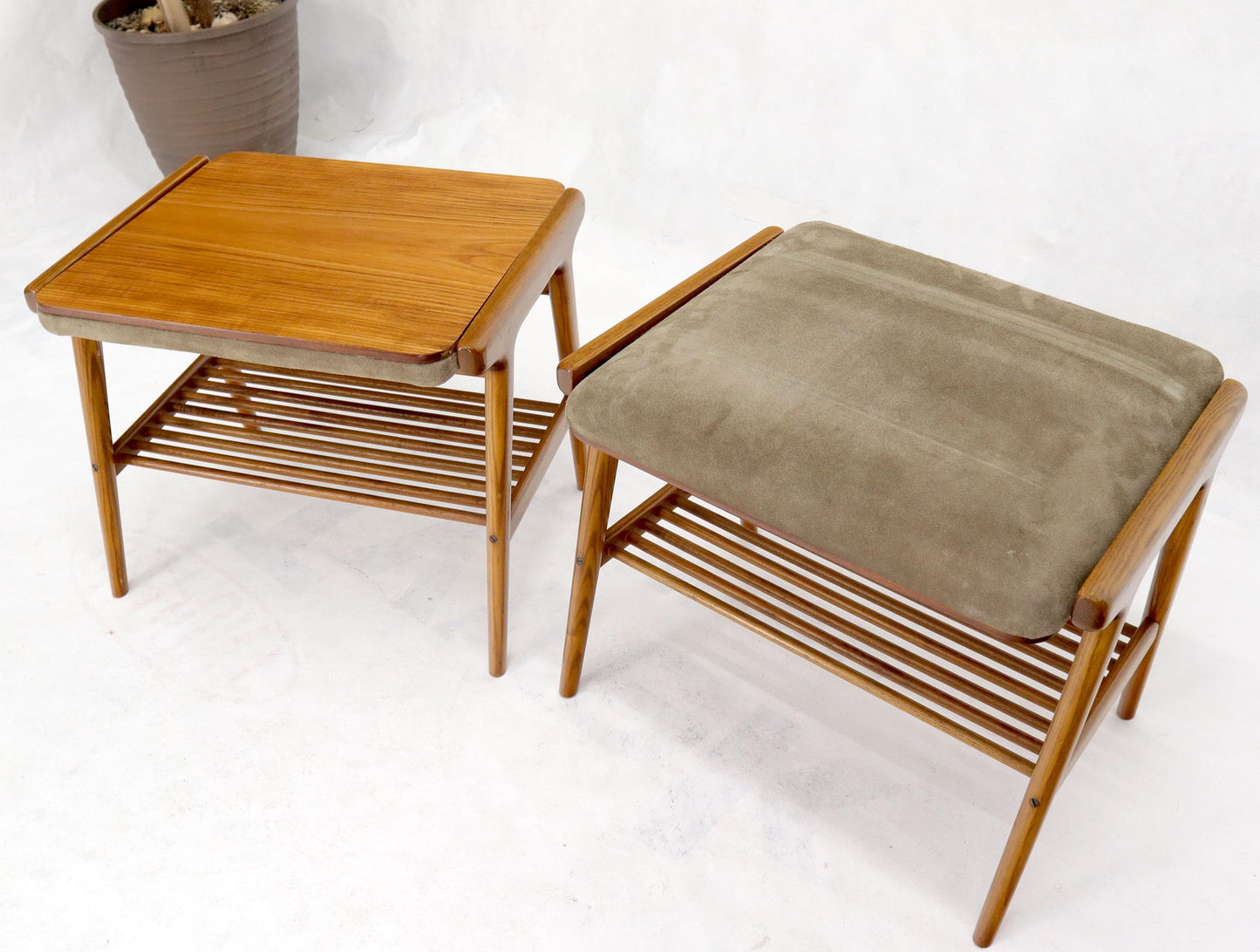 Pair of Danish Teak Mid-Century Modern Flip Top Tables Suede Benches