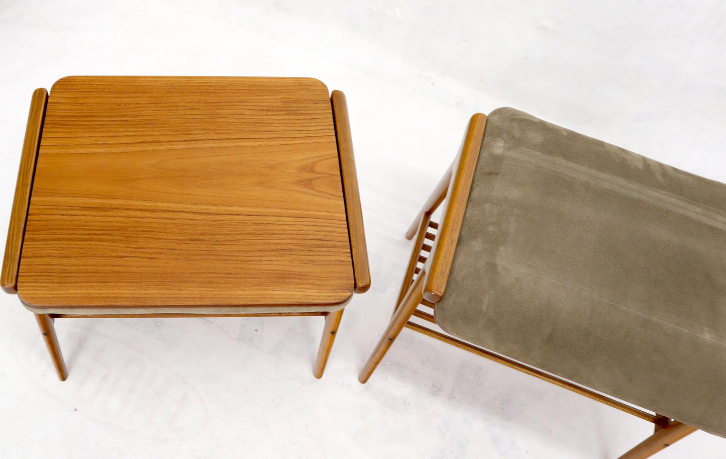 Pair of Danish Teak Mid-Century Modern Flip Top Tables Suede Benches