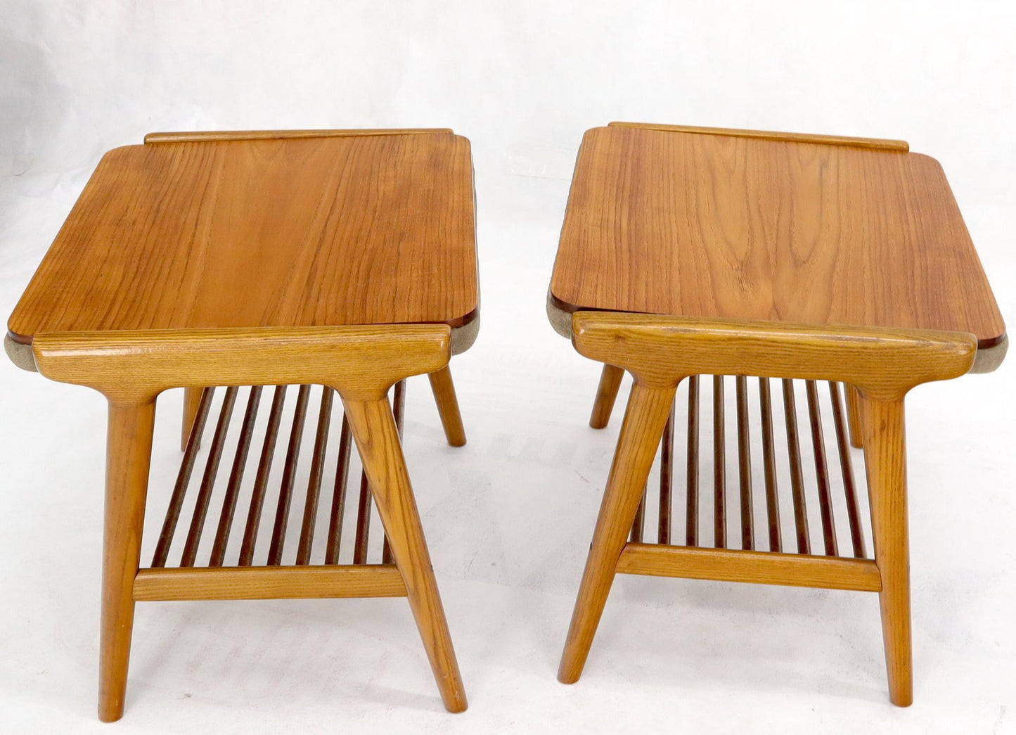 Pair of Danish Teak Mid-Century Modern Flip Top Tables Suede Benches