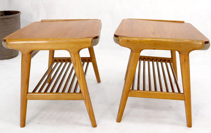 Pair of Danish Teak Mid-Century Modern Flip Top Tables Suede Benches