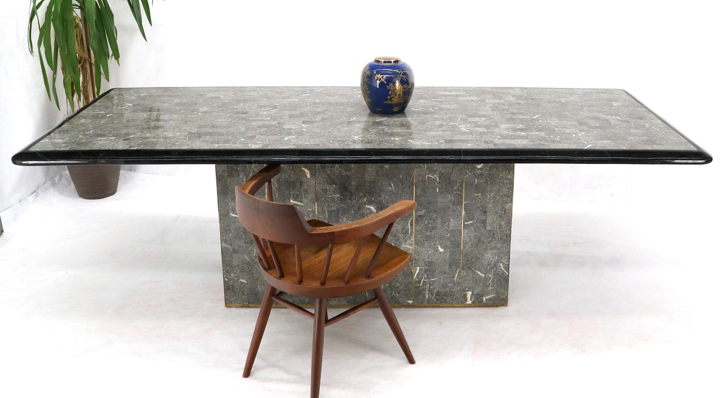 Large Tessellated Black & Grey Stone Brass Inlay Dining Table