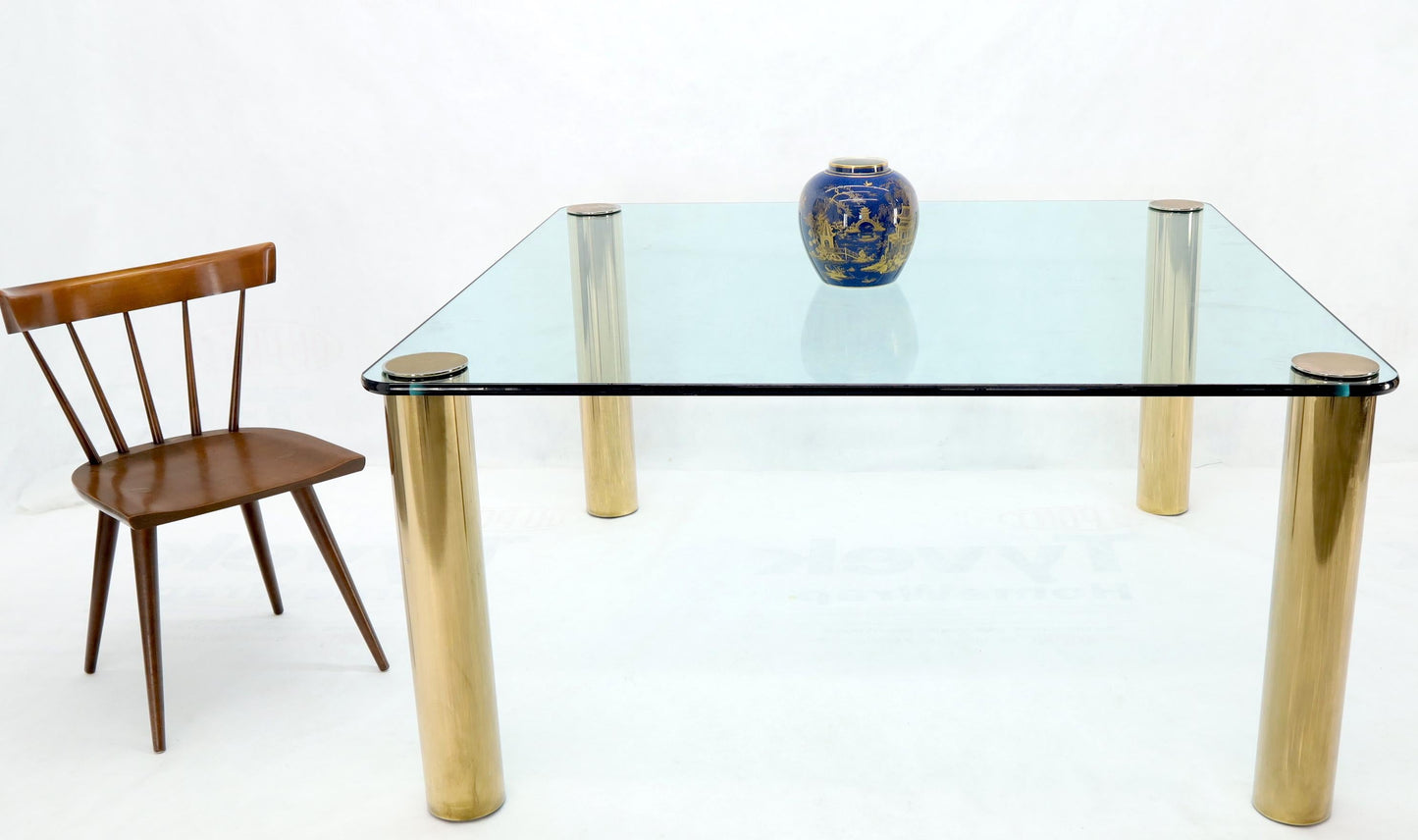 Large Square Thick Glass Top Dining Table on Brass Cylinder Legs