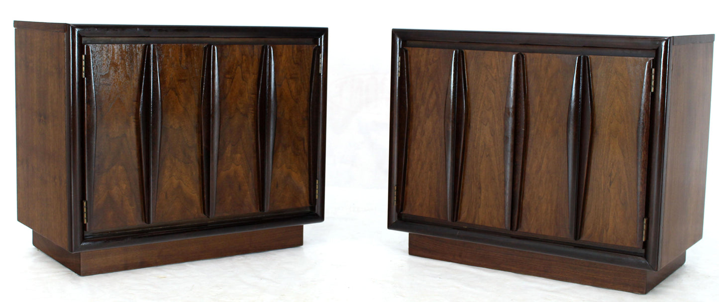 Pair of Dark & Medium Walnut End Tables or Nightstands Double Doors One Drawer