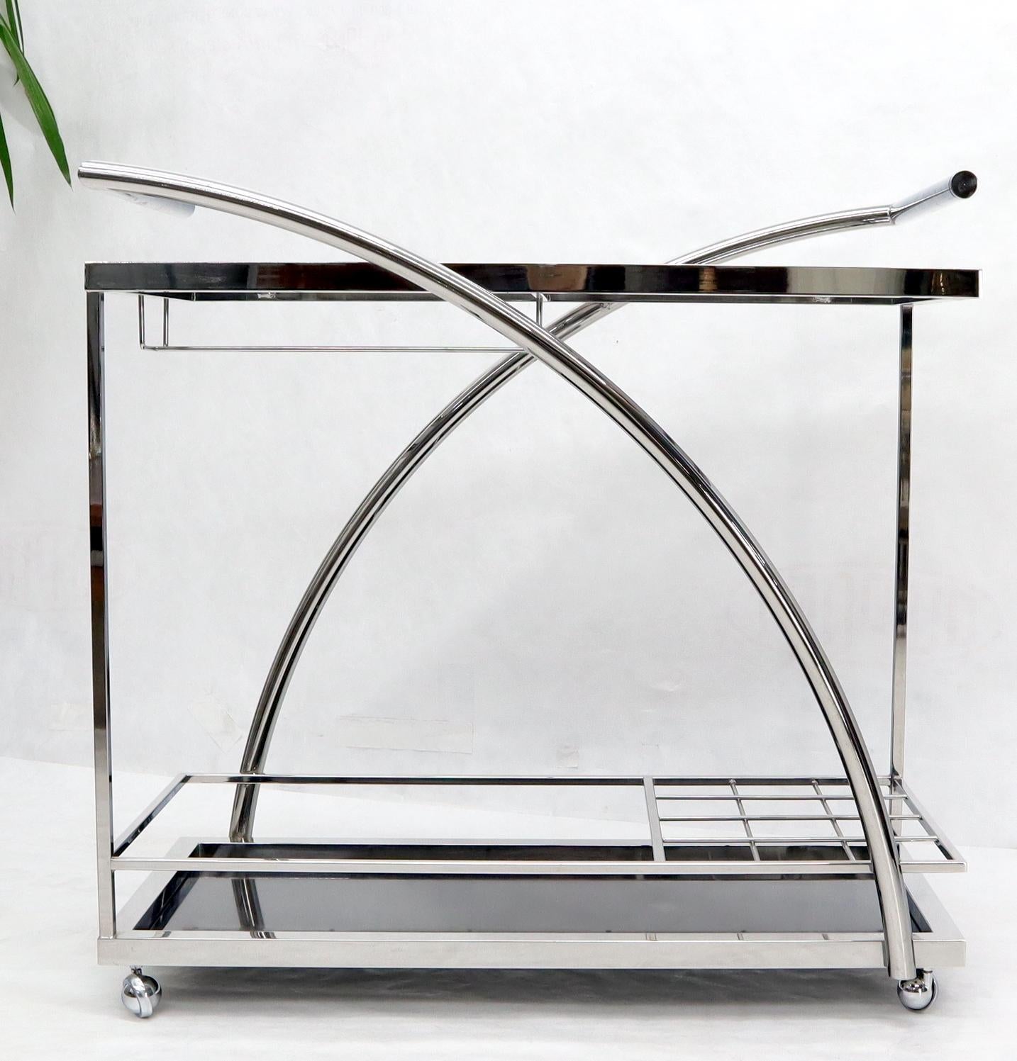 Chrome & Smoked Glass Mid-Century Modern Rolling Serving Cart Bar