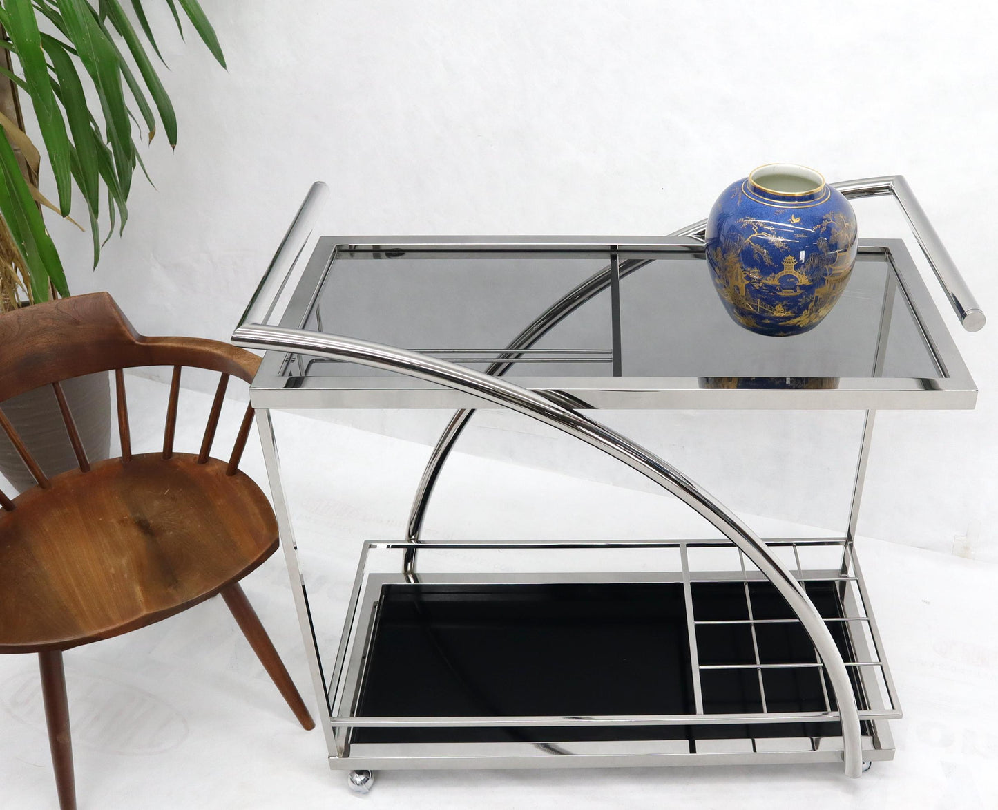 Chrome & Smoked Glass Mid-Century Modern Rolling Serving Cart Bar