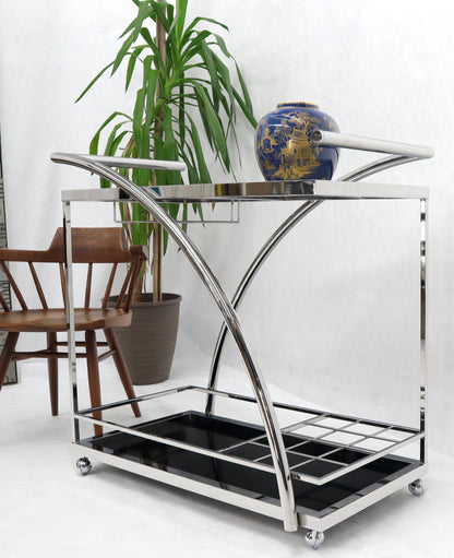 Chrome & Smoked Glass Mid-Century Modern Rolling Serving Cart Bar