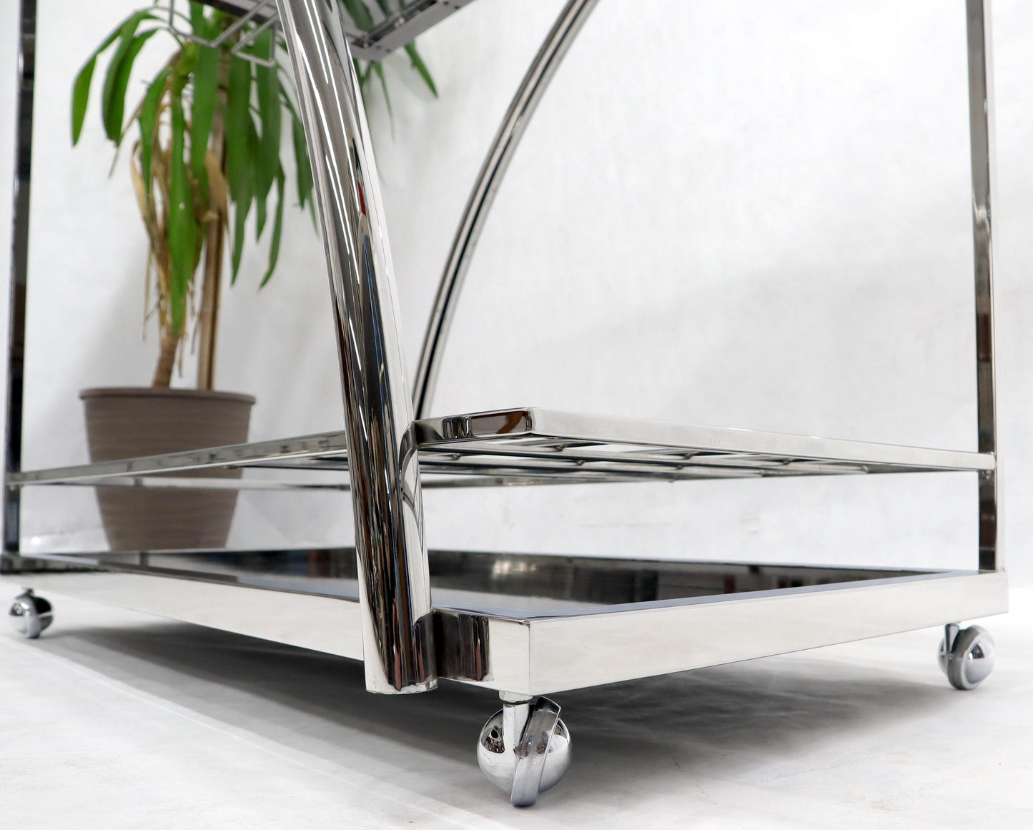 Chrome & Smoked Glass Mid-Century Modern Rolling Serving Cart Bar