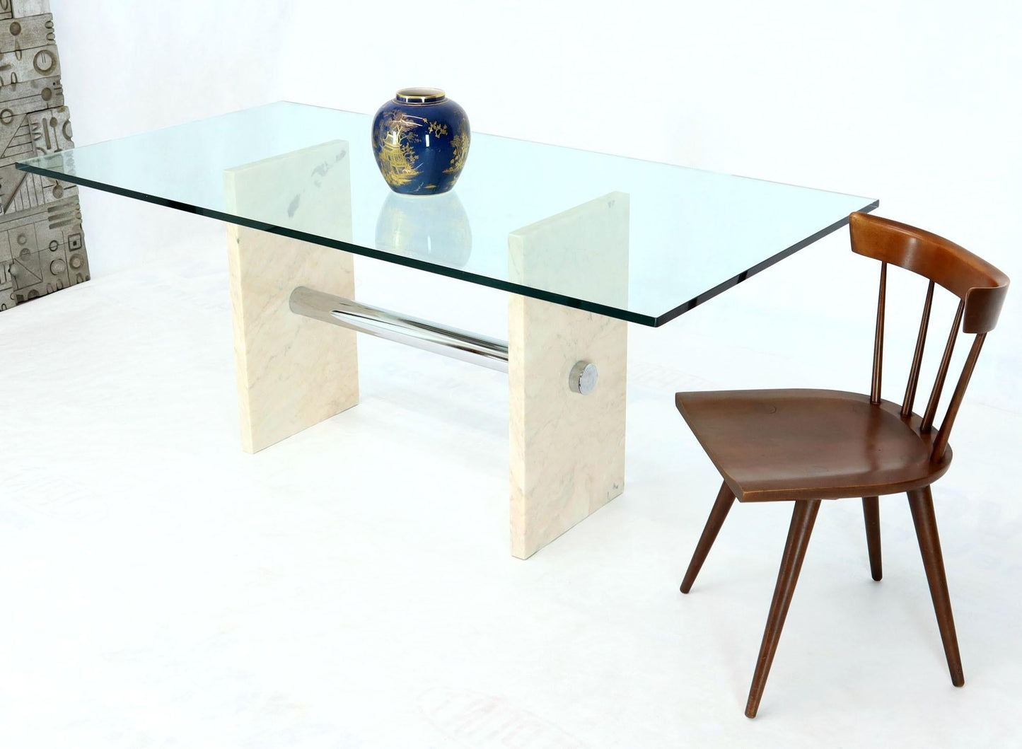 Glass Top Marble and Chrome Base Rectangular Dining Conference Table