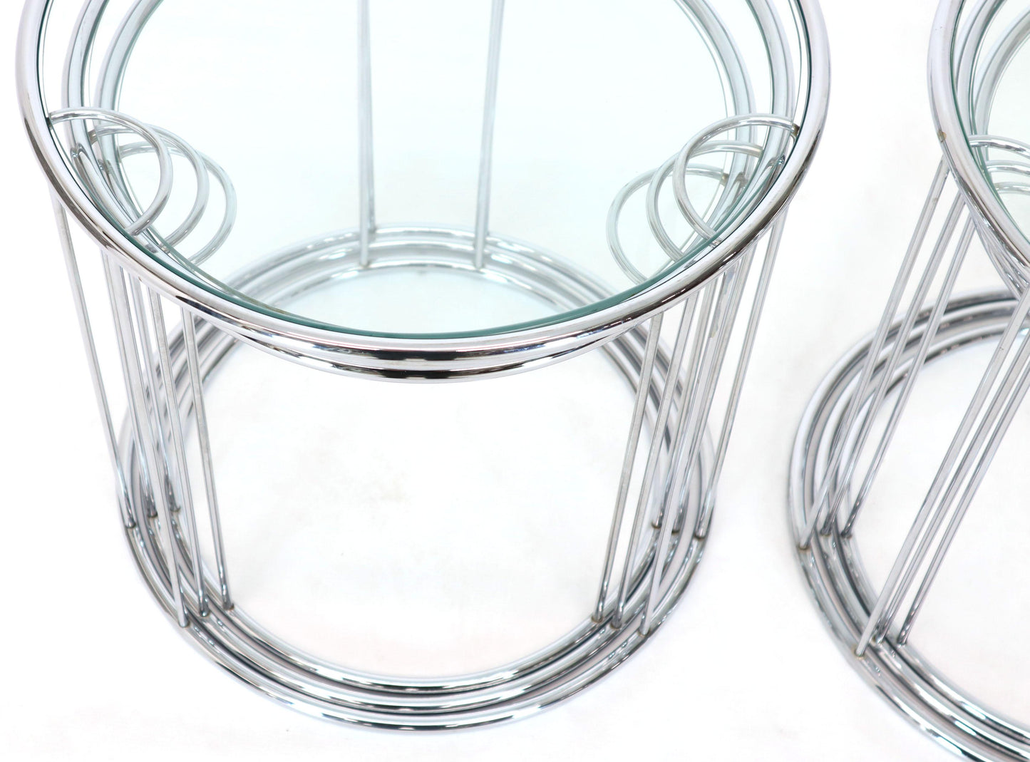 Pair of Round Chrome and Glass Nesting Side End Table 6 Pieces Set