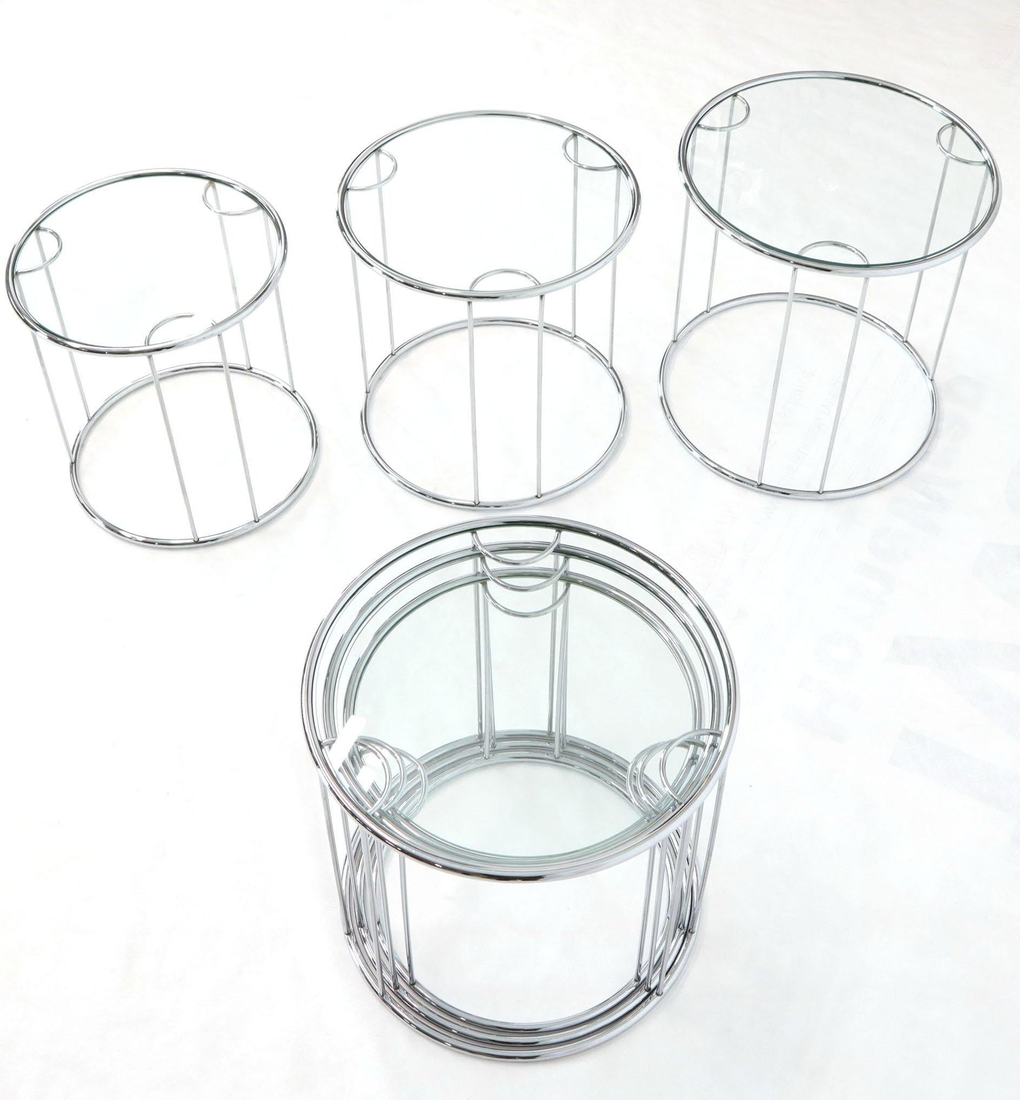 Pair of Round Chrome and Glass Nesting Side End Table 6 Pieces Set