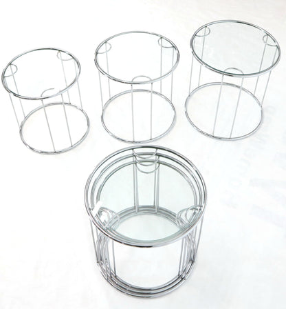 Pair of Round Chrome and Glass Nesting Side End Table 6 Pieces Set