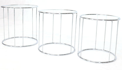 Pair of Round Chrome and Glass Nesting Side End Table 6 Pieces Set