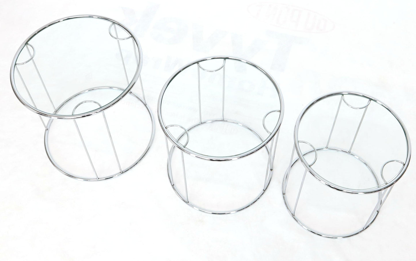 Pair of Round Chrome and Glass Nesting Side End Table 6 Pieces Set