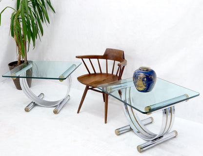 Pair of Chrome & Brass U Shape Bases Glass Top End Side Occasional Tables