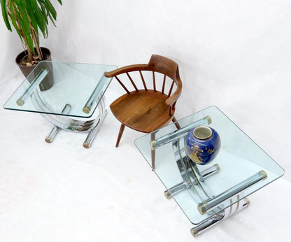 Pair of Chrome & Brass U Shape Bases Glass Top End Side Occasional Tables