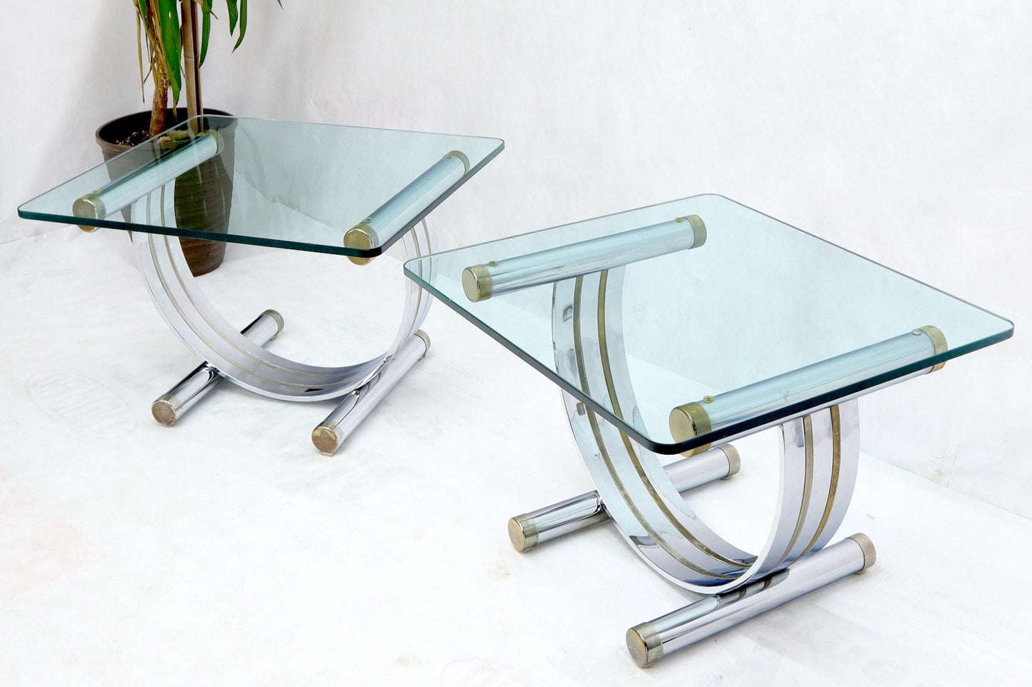 Pair of Chrome & Brass U Shape Bases Glass Top End Side Occasional Tables