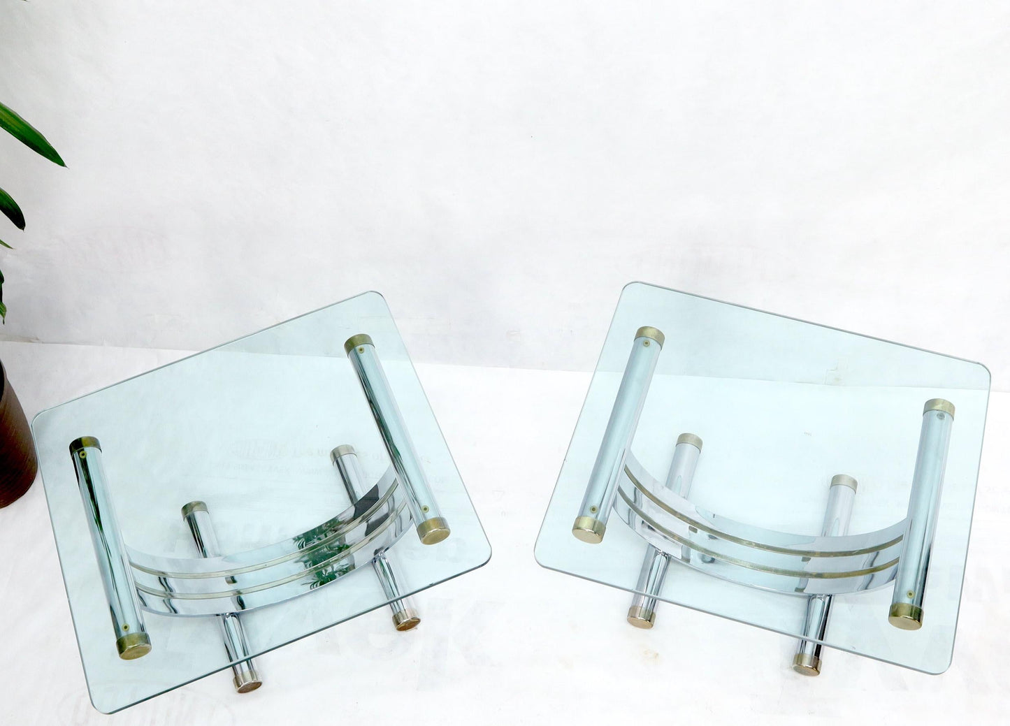 Pair of Chrome & Brass U Shape Bases Glass Top End Side Occasional Tables