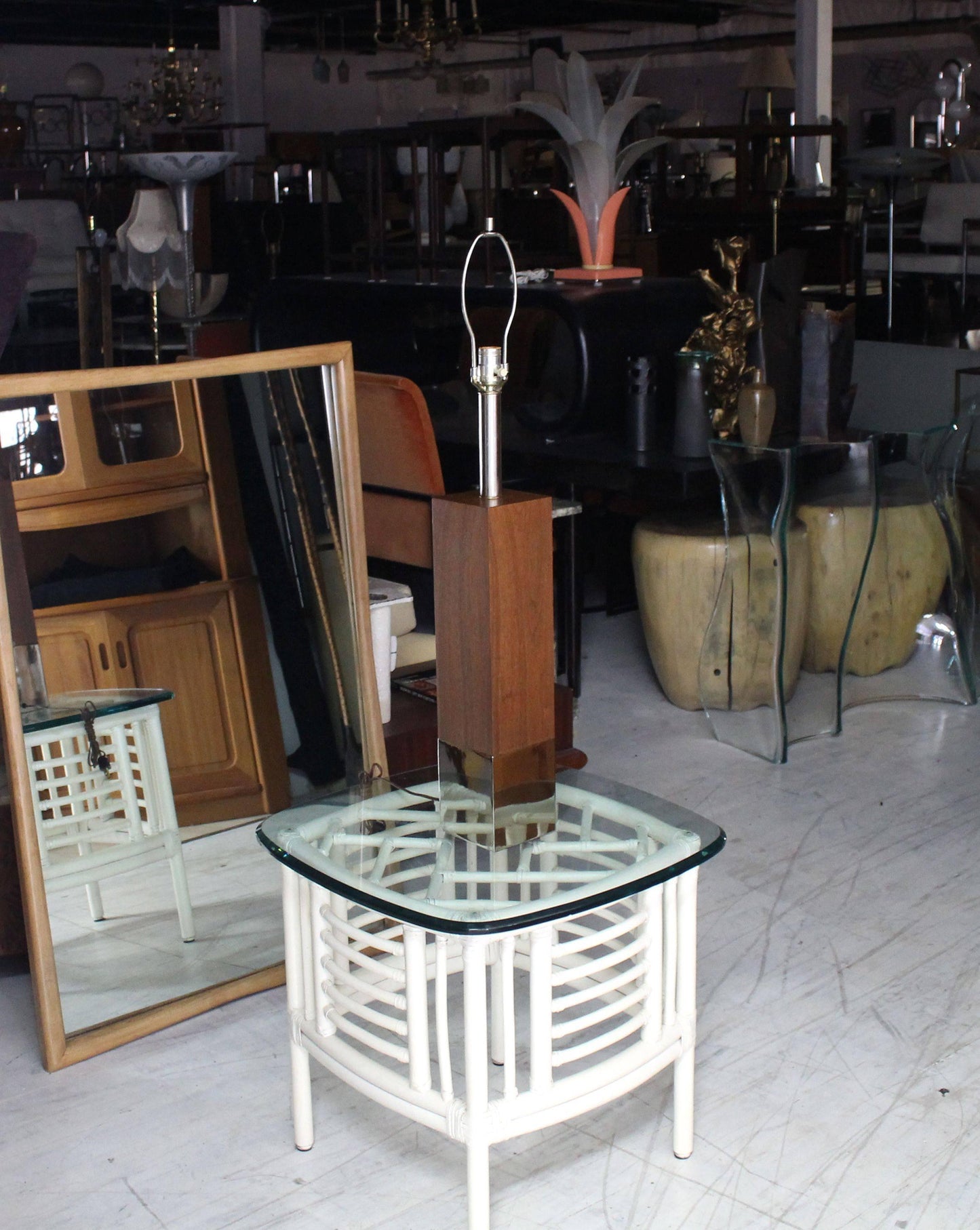 Walnut Cube Shape Table Lamp on Chrome Base