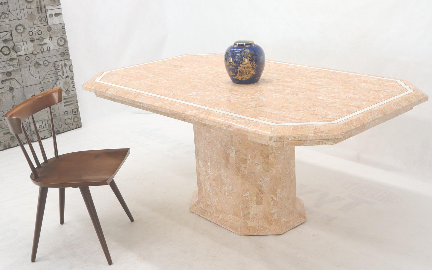 Tessellated Red & White Marble Tile Single Pedestal Rectangular Dining Table