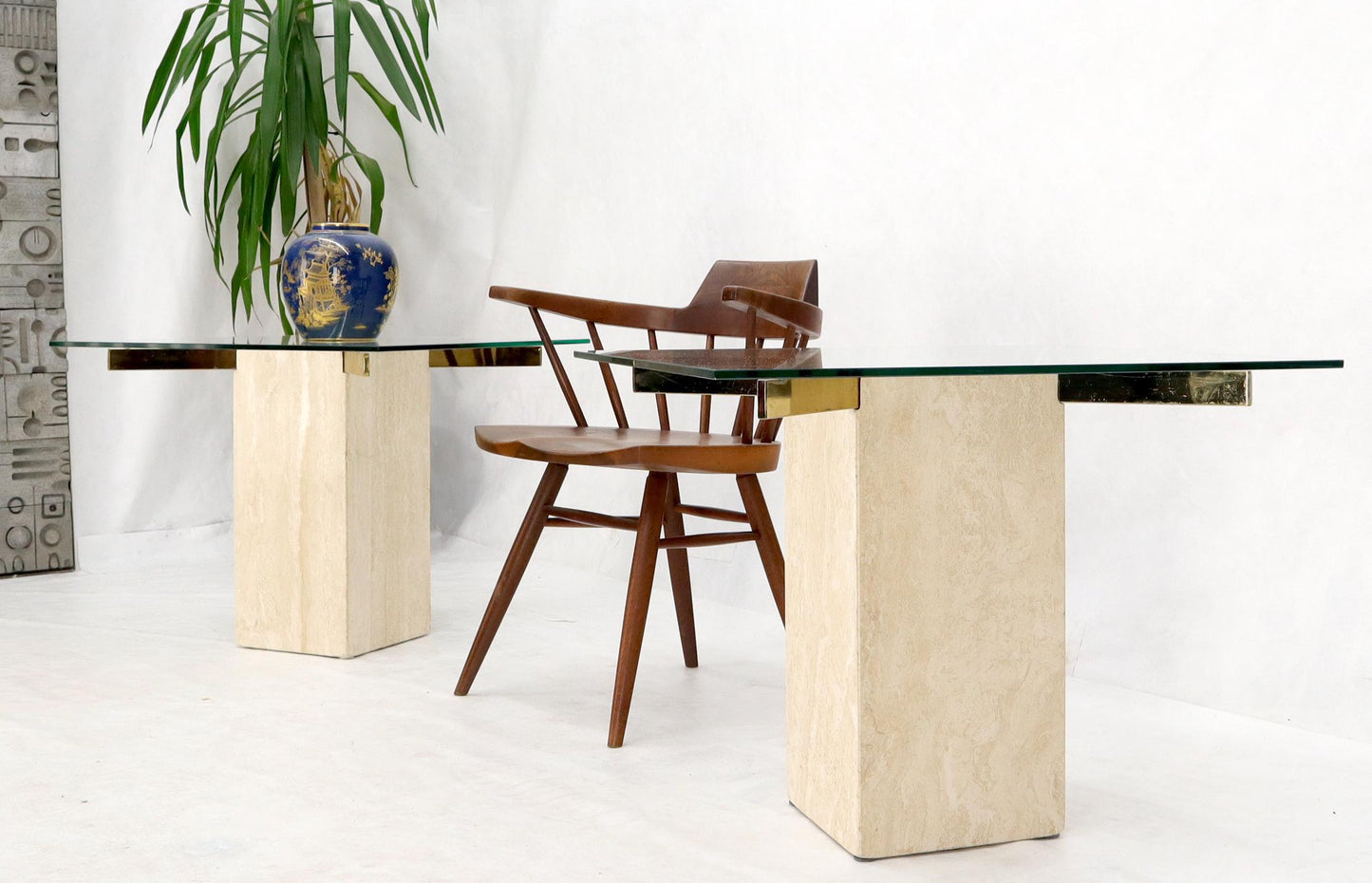 Pair of Mid-Century Modern Travertine & Brass Bases Square Glass Tops End Tables