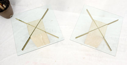 Pair of Mid-Century Modern Travertine & Brass Bases Square Glass Tops End Tables