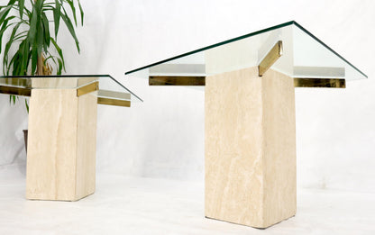 Pair of Mid-Century Modern Travertine & Brass Bases Square Glass Tops End Tables