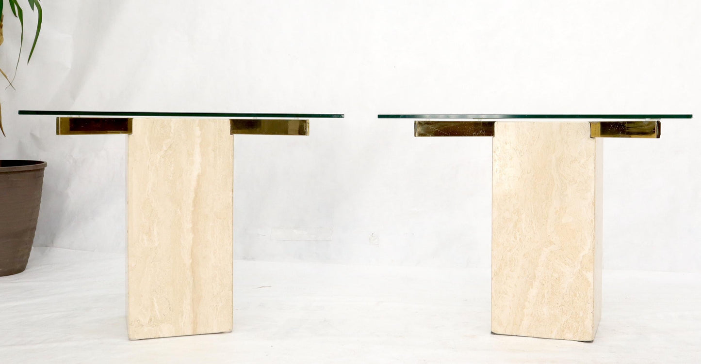 Pair of Mid-Century Modern Travertine & Brass Bases Square Glass Tops End Tables