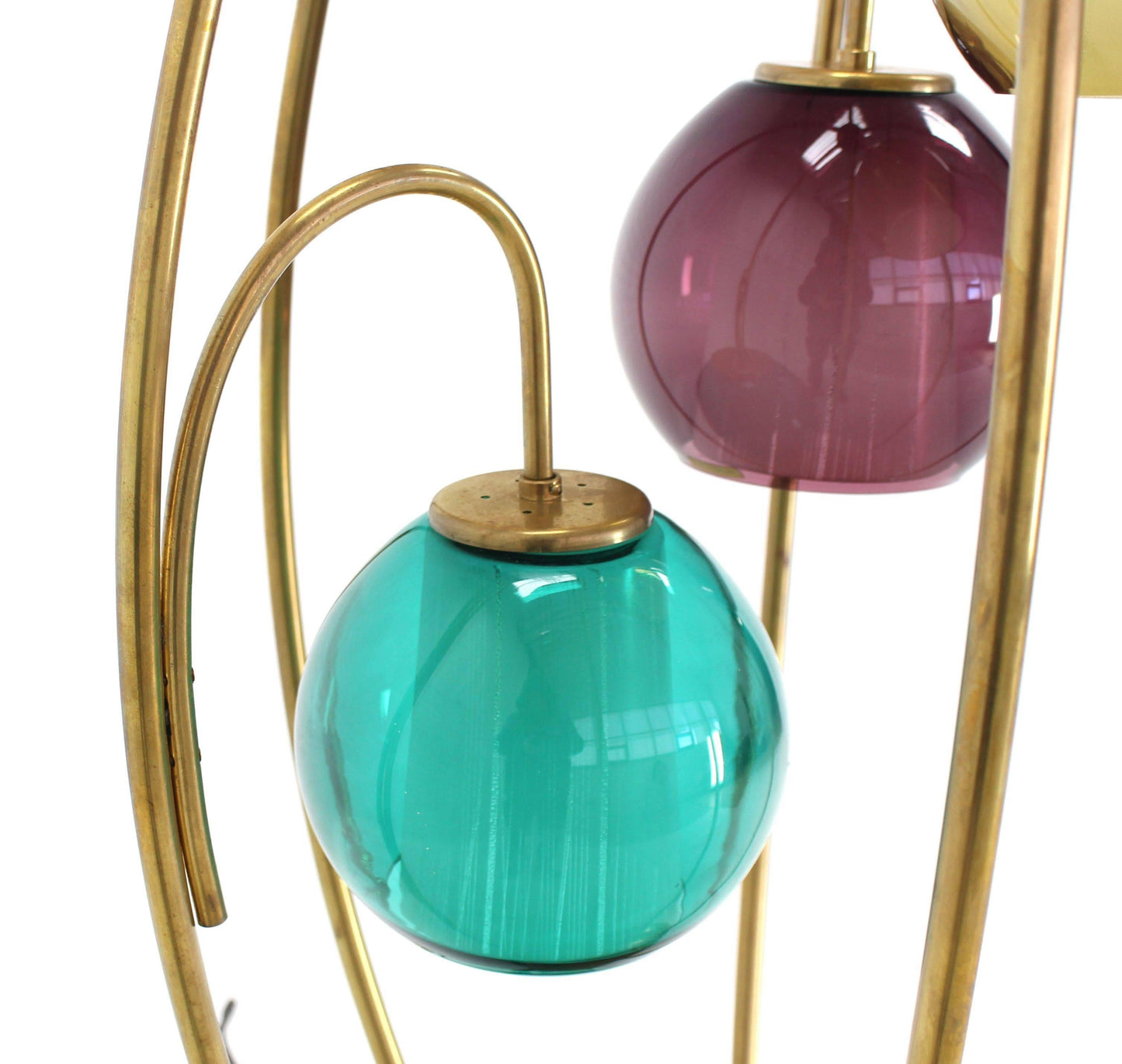 Oval "Bird Cage" Brass Table Lamp Purple Blue Yellow Glass Globe Shades MINT!