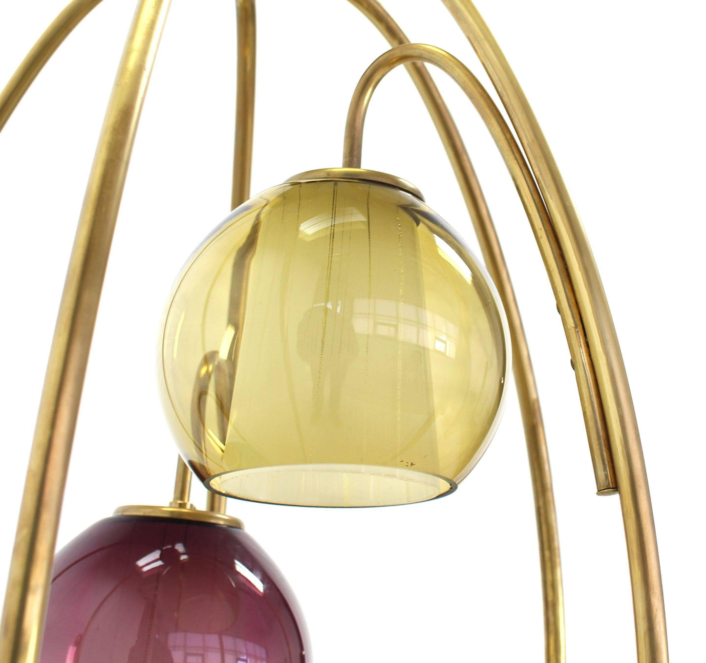 Oval "Bird Cage" Brass Table Lamp Purple Blue Yellow Glass Globe Shades MINT!