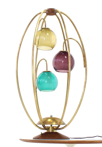 Oval "Bird Cage" Brass Table Lamp Purple Blue Yellow Glass Globe Shades MINT!