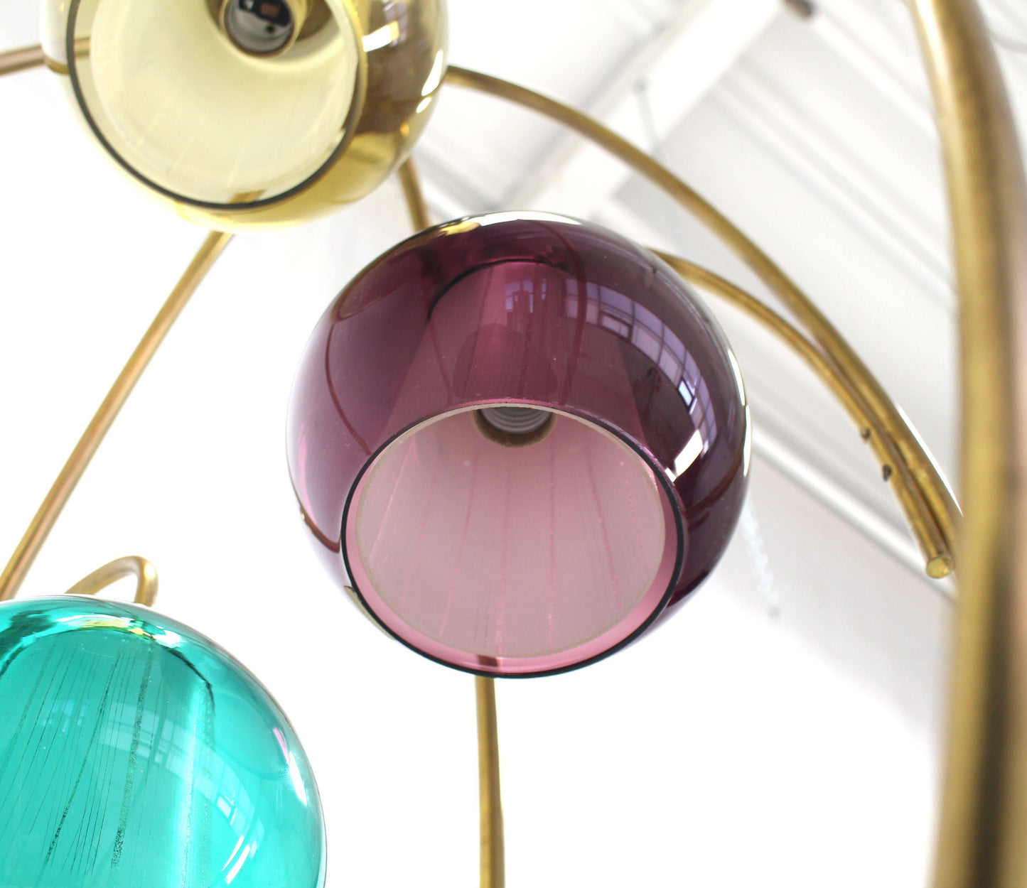 Oval "Bird Cage" Brass Table Lamp Purple Blue Yellow Glass Globe Shades MINT!