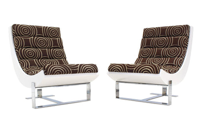 Pair of White Lacquer Chrome Bases Scoop Lounge Chairs Mid Century Modern