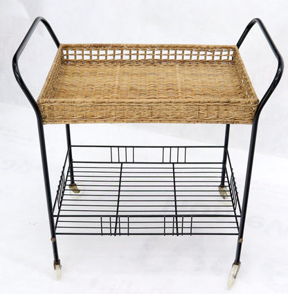 Wicker & Bent Steel Mid-Century Modern Serving Cart Side Table on Wheels