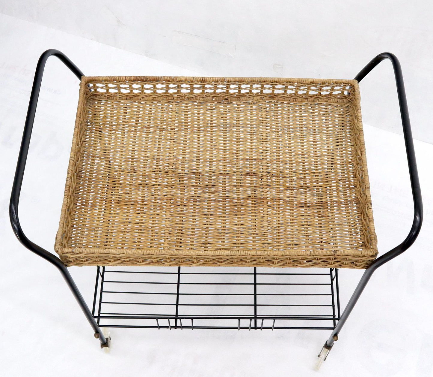 Wicker & Bent Steel Mid-Century Modern Serving Cart Side Table on Wheels