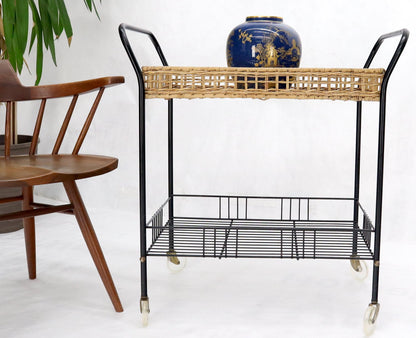 Wicker & Bent Steel Mid-Century Modern Serving Cart Side Table on Wheels