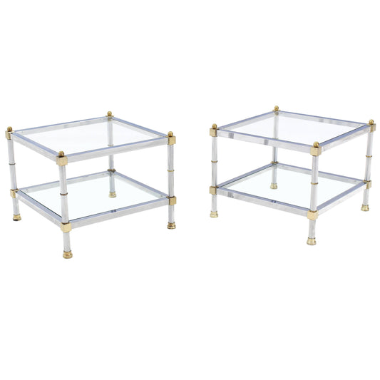 Pair of Glass Chrome Brass Square Mid-Century Modern End Tables